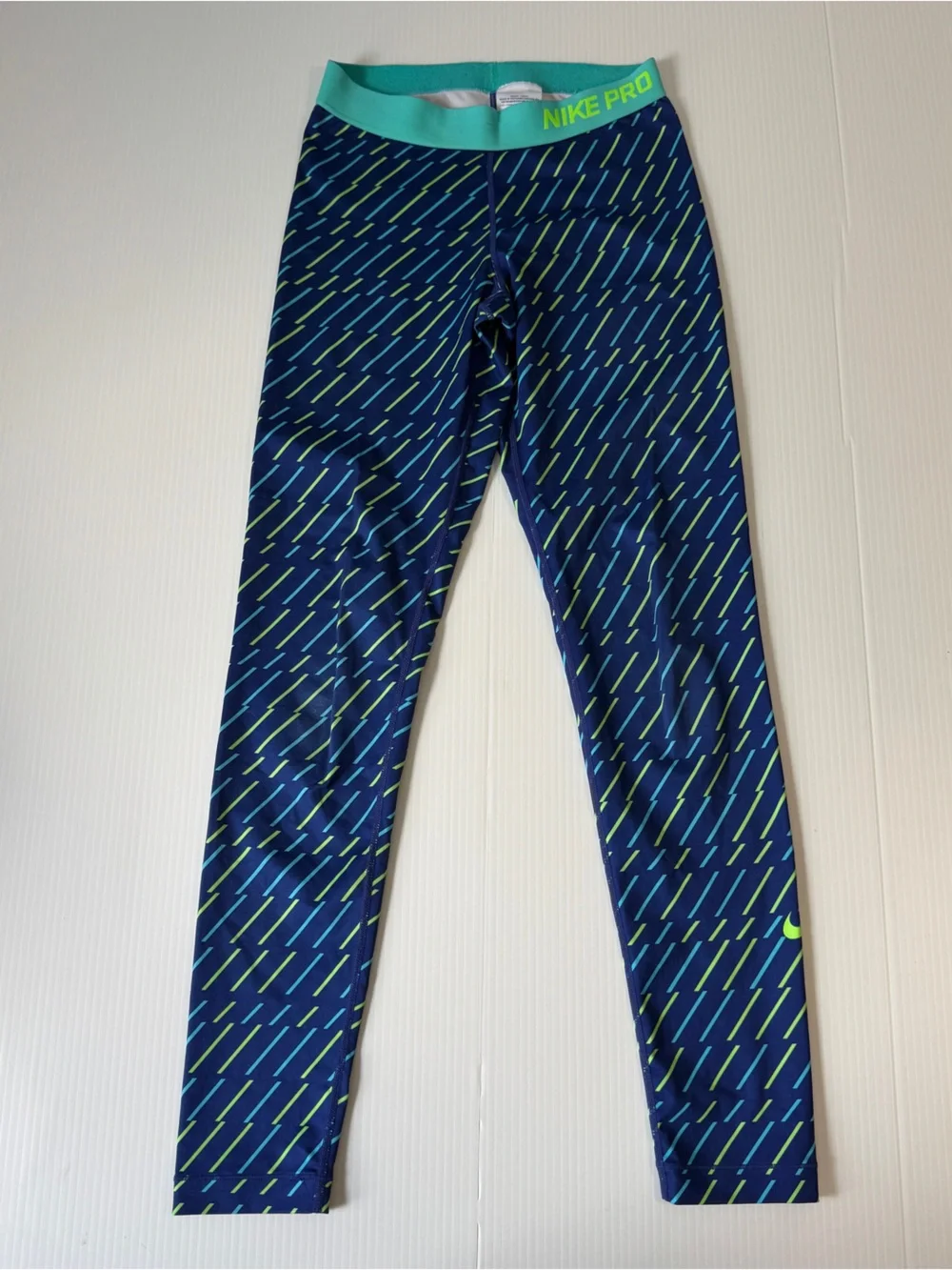 Nike Pro Dri-FIT Blue Green Neon Geometric Compression Leggings Athletic Yoga M